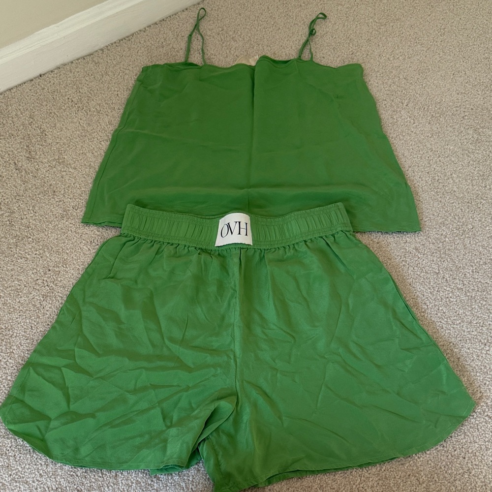 Olivia von Halle Green PJ Set shorts and top silk